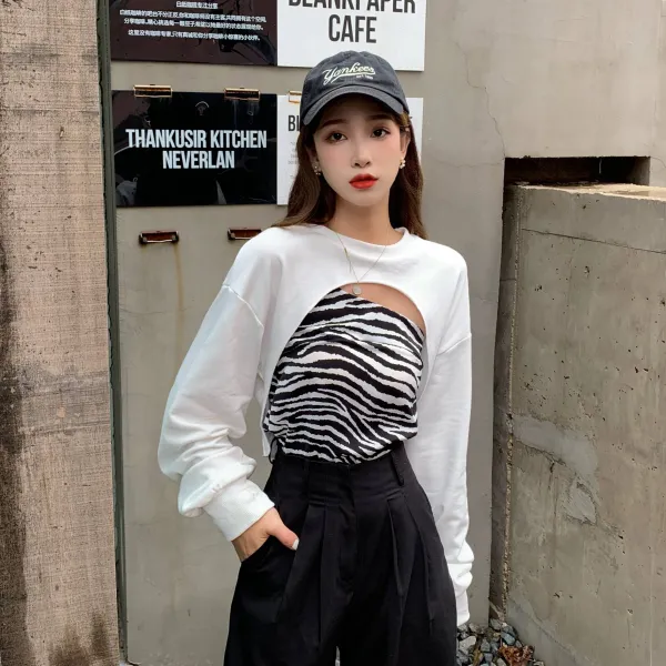 미녀 겹치다 입다 반절 커버 얼룩말무늬 끈나시 슬립 긴팔맨투맨 디자인 감각 상의 블라우스