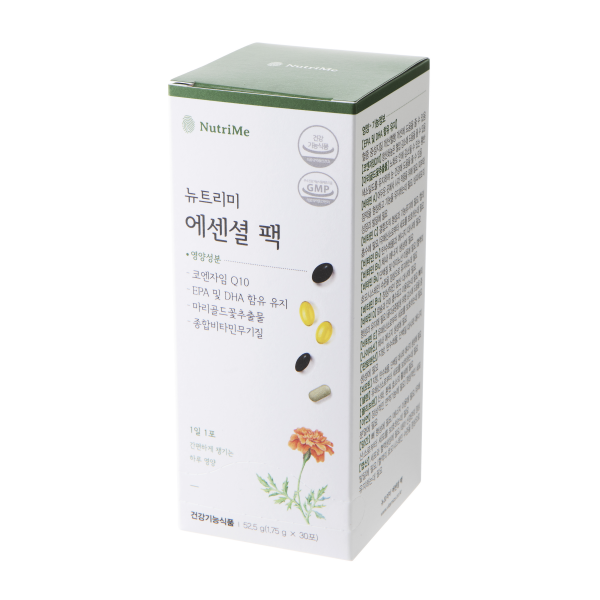 뉴트리미 에센셜팩 1일 1포 5알로 필수적인 영양기능성분을 담은 한국인 맞춤형 종합영양제팩 부형제와 첨가물 최소화로 목넘김이 편한 17가지 비타민무기질 rTG오메가3 코엔자임Q10 루테인까지, 1박스, 30포