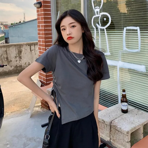 큰 사이즈 여성복 뚱뚱하다 mm 반팔 불규칙 트임 정면 어깨 티셔츠 여자 포동포동 달콤하다 맵다 특이하다 짧은 저고리 여름