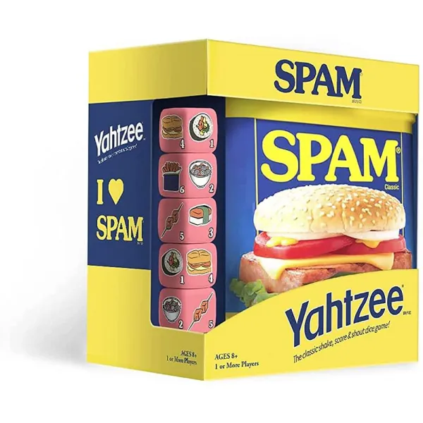 Yahtzee 스팸 브랜드 맞춤형 주사위가 캔 수집용 게임 무스비 프라이가 특징인 주사위 여행 및