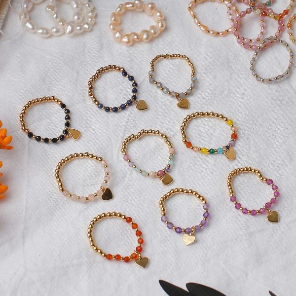 초콜리트쥬얼리 3+1 하트참 천연 원석 담수진주 골드 핸드메이드 비즈반지 6color 반지