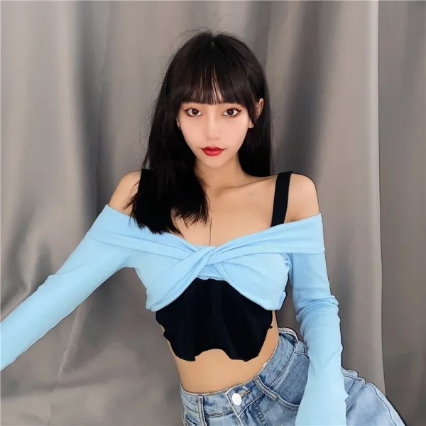 슬티셔츠 Gagaopt 손수 교차 묶다 블러킹 상의 여성 페이크투피스 긴 소매 숏 크롭 트렌드 2455830435