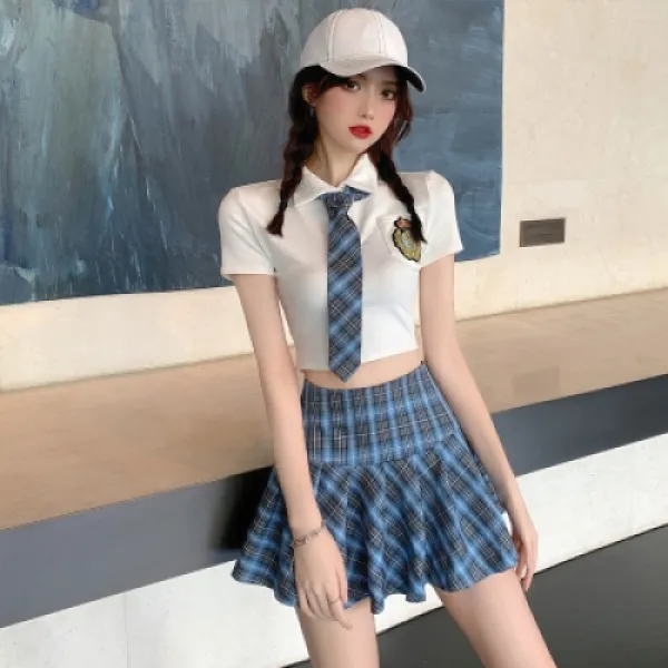 YAHOO 방송댄스 단체복 체크 플리츠 주름 치마 셔츠 자수상의 체크주름스커트세트여름여성복학생복