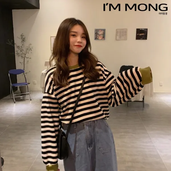 아이엠몽 여성 니트 긴팔티셔츠 스트라이트 배색니트티 데일리 라운드 니트 Bb221008sy 