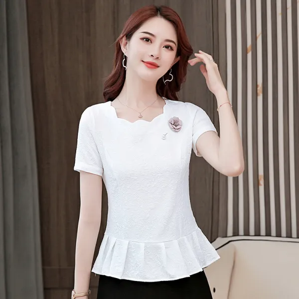 반팔 여름 치맛자락 블라우스수 허리 여성 차렵 화이트 티셔츠 반 소매