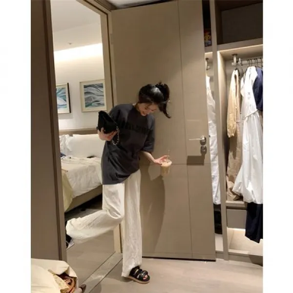 [라볼페]플리츠 모주 자체 제작 화이트 캐주얼 팬츠 여자 선팬츠 여름 얇은 일자핏 팬츠