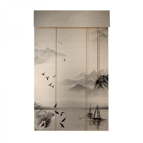 이루다 암막롤스크린 대나무발 실내 주문제작함 드리우다 호텔 문발 별장 서화 산수풍경 화죽 목 하지 마라 수묵 고기잡이배