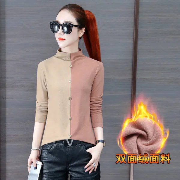 왕직구 긴팔 이너셔츠 의 규율 천백 인자함 양면 플리스 이너티셔츠 여성 긴 소매 겨울 가을 내복 상의 반높이