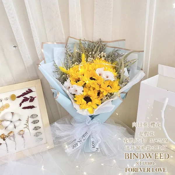 차이나넷 부케 말린꽃 프리저브드꽃다발 안개꽃가지 해바라기기 장미꽃비누 영생 트윈 생일 예의범절 포장 인 엄마, DK 9송이 해바라기기 블루 젤리 팩