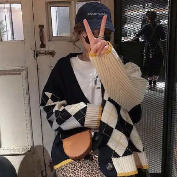 Opening2 여성 아가일 패턴 무늬 하프 가디건 양기심 기녀 빈티지 가을 스웨터 카디건에 두꺼운 On 000005148