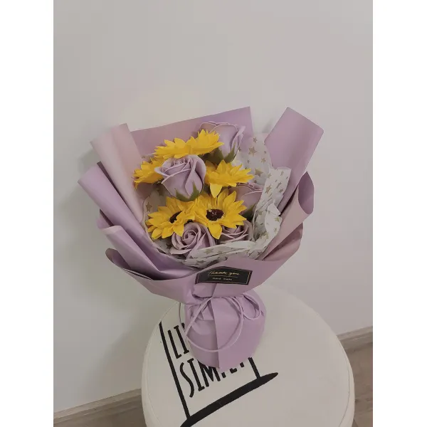 비누꽃 해바라기 별가득한하늘 드라이플라워 꽃다발 동창생선물 단짝친구 여자친구 생일 졸업 성탄, T18-5개 해바라기 5개 자주색장미 중간사이즈