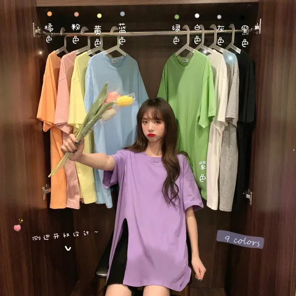 여름 와이드 티셔츠 여자 게으른기풍 반소매 커다랗다 개성 상의 체구 INS트렌드