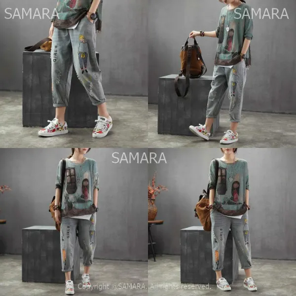 Qterra 특허브랜드 팬츠 자수 해짐 여성 밴딩 데님 빅사이즈 배기청바지