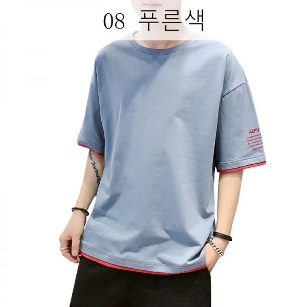 뉴타임즈 습기 단색 반팔 티셔츠 남하생 쿨넥 와이드 티셔츠 유행에 반팔 티셔츠 멋있어요 XZ31 A8, 08 푸른색