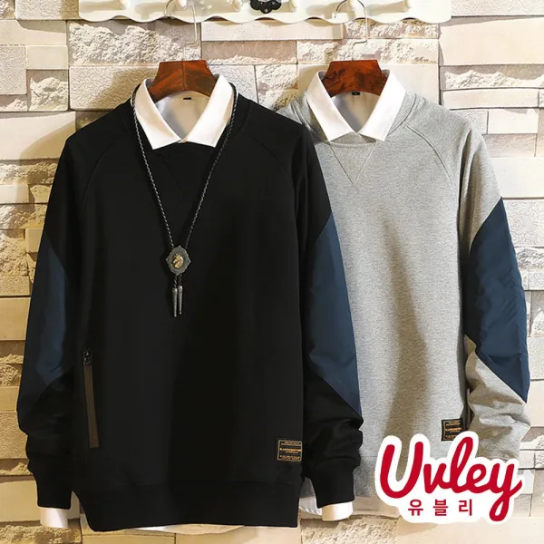 유블리 남성 맨투맨 ~3XL 루즈핏 팔꿈치 배색 포인트 유니크한 데일리룩 오버핏(UV216121WD) 시차