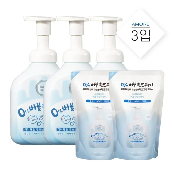 아모레퍼시픽 [단독특가] 해피바스 제로퍼센트 버블 핸드워시 500ml 3입 + 리필 400ml *2개