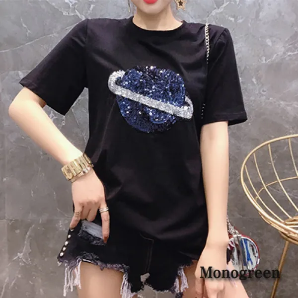 모노그린 스팽글 행성 라운드넥 여성 반팔 티셔츠 DOWISI247
