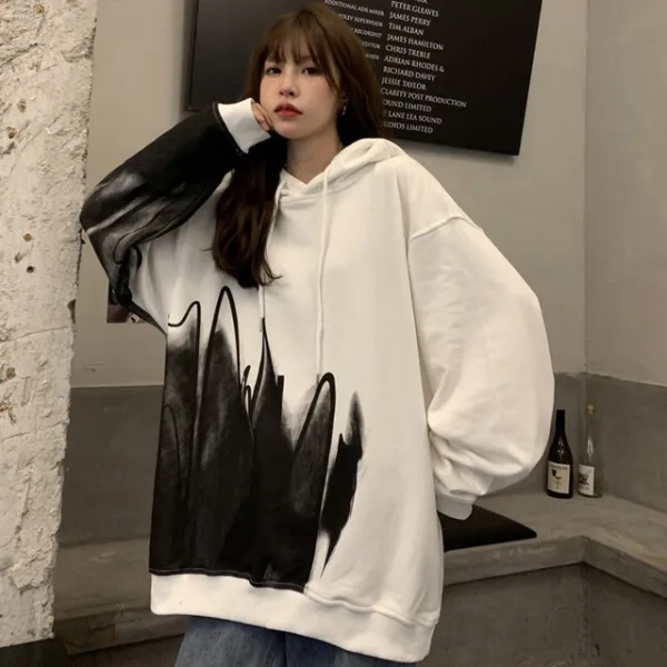 후드티셔츠 여성 플라워 프린팅 클래식 와이드 루즈핏 매일 학교 여학생 봄계절 가을 게으르다 스타일리쉬 코디 이지 스트릿 룩 White L