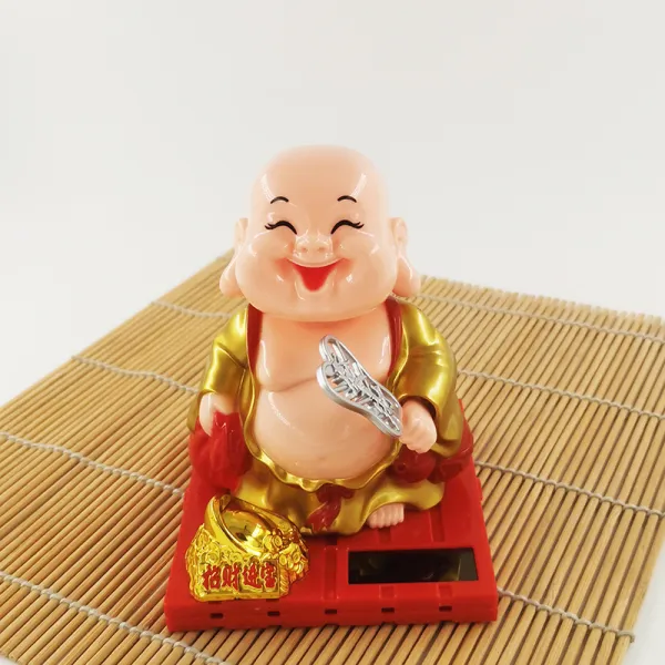 노점 화물 공급원 태양열 미륵 부처님이 고개를 끄덕이다 부채질함 차량탑재 작은 중 독창적 진열 피규어, 골드 미륵불