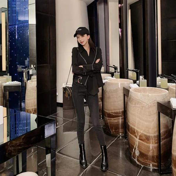 Taobao 소복장 집 청바지 여 하이웨스트 슬림 스키니 9부 발 스판 팬츠 가을 바지