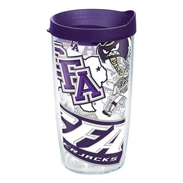 Tervis 1273300 포장 및 로얄 퍼플 뚜껑이있는 텀블러 전체에 SFA 벌목꾼 16oz 투명, 본상품선택