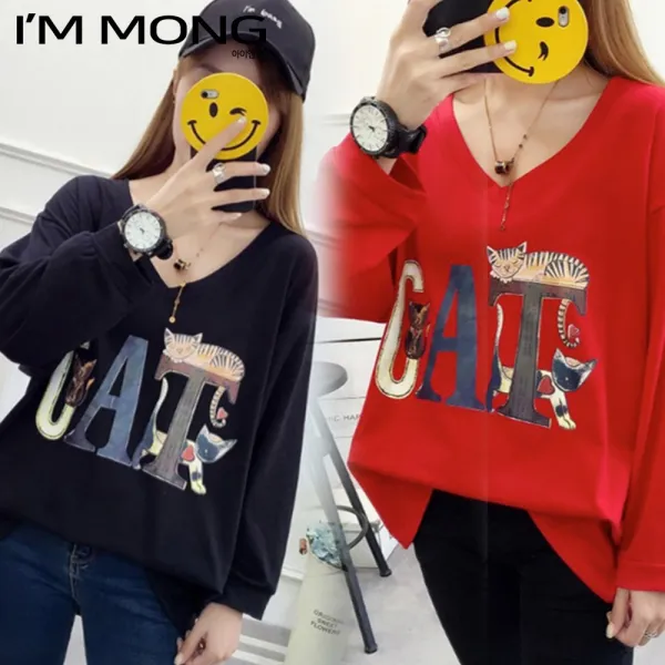 아이엠몽 여성 티셔츠 고양이프린팅 타이포 3color 브이넥 여리여리해보이는(MC루루캣츠CW) 긴팔