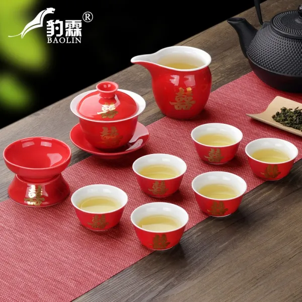 새론몰 표림 레드 찻잔다기 중국홍 겹경사를 맞아 결혼함 웨딩 공경함 다관 결혼기념일 선물 10 헤드 뚜껑공기 와이드 컵 레 10 건