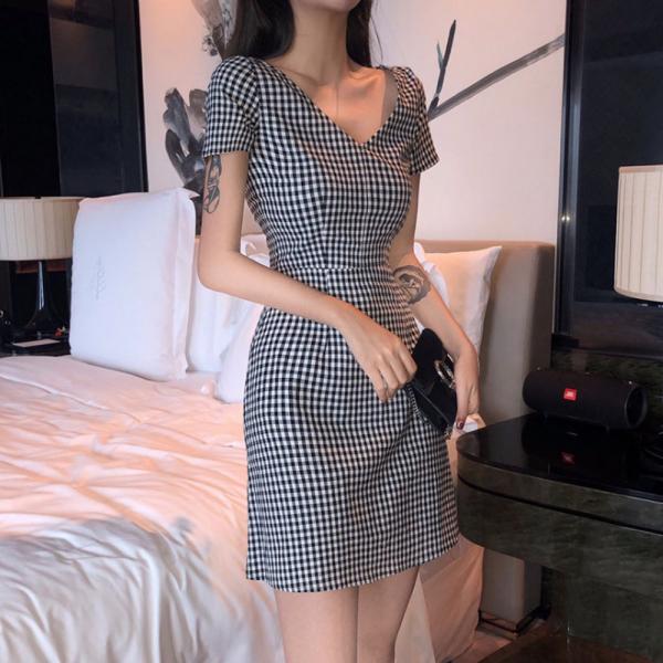 도오빠 러블리 여성 체크 원피스 빅사이즈 미니원피스 여름 레트로 드레스 하객룩 데일리 패션