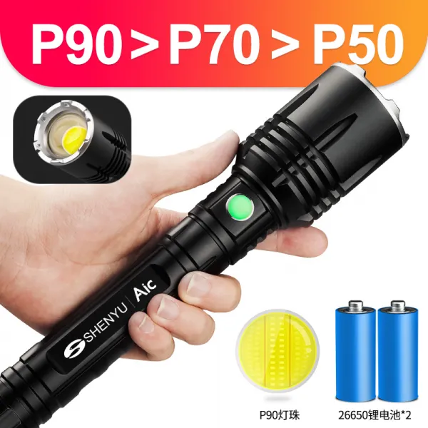 후레쉬 P90강력한빛 손전등 충전식 강력한밝기 원거리 야외 가정용 라이트빅 파워 줌가능 led, T01-P90맹금 심지 슈퍼빅사이즈 일조량 범위 회전 줌가능 이중리튬 전기