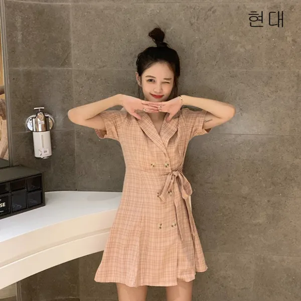 성미성방 190806프렌치 브이넥 섹시 볼륨 더블 달콤 상큼 반팔 긴팔 빈티지 원피스 여한판 루즈 양미 날씬해 보이는 이너 스커트 오프숄더 체크원피스 가을신상x01
