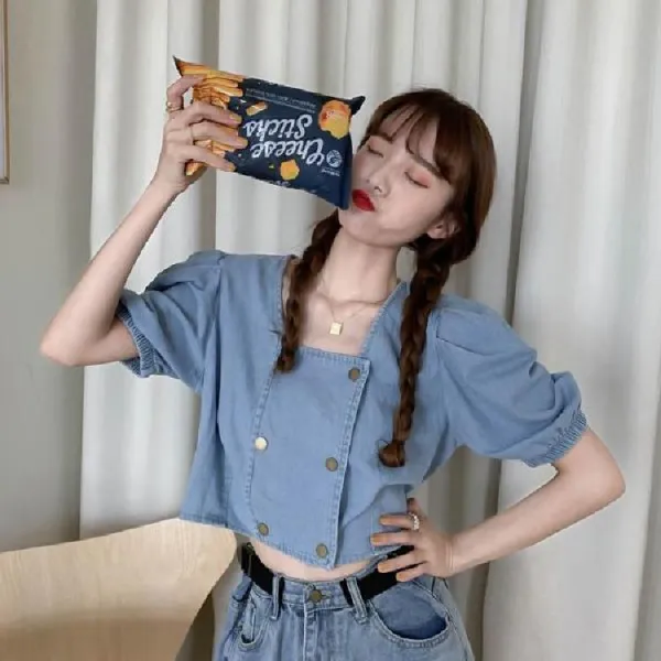 해외여성 크롭 데님 숏청자켓 여자 여름 벌룬소매 청카바 아우터 CAZ30