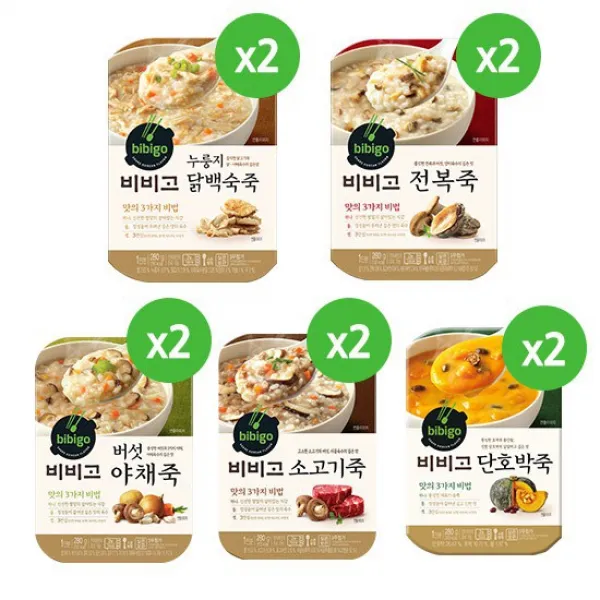 [총 10개입/280g]비비고죽 닭2+전복2+버섯야채2+소고기2+단호박2, 상세설명 참조, 없음