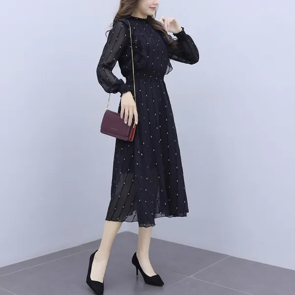 Feb.05 44번 시폰 원피스 자녀 올가을 허리 잡아주어 날씬한 기질 어언 누님 라이트한 롱 슬리브 레이스z