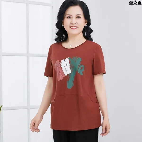 여성 중년 반팔 티셔츠 중년의류 중장 여름 반팔 상의에 살집이 많아져 중4050대 티셔