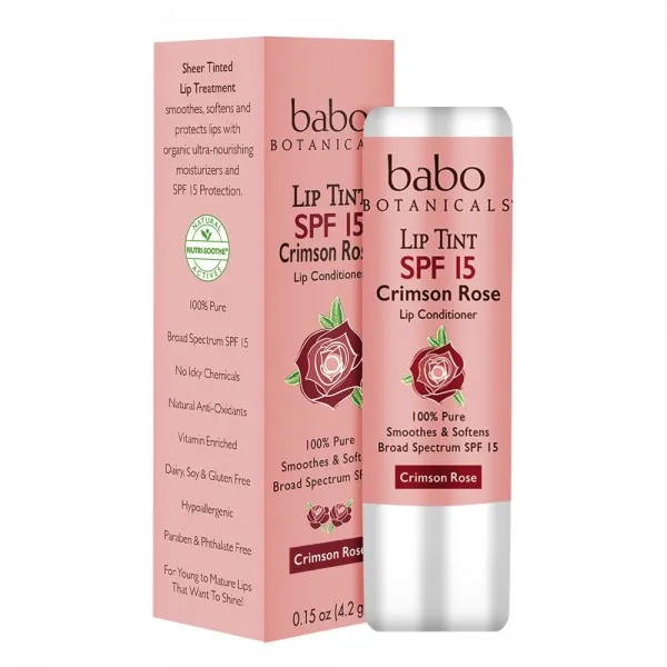 Babo Botanicals 70 + % 유기 색을 칠한 무기물 입술 조절기 SPF 15 물 저항하는 입술 크림 크림슨 로즈-0.15 oz.
