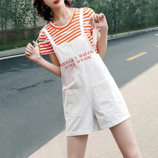 Kirahosi 퀄리티 6 여름 여성 반팔 티셔츠+멜빵 바지 세트 점프수트 투피스 78 +스마트 스트랩 증정 Ywo3fz