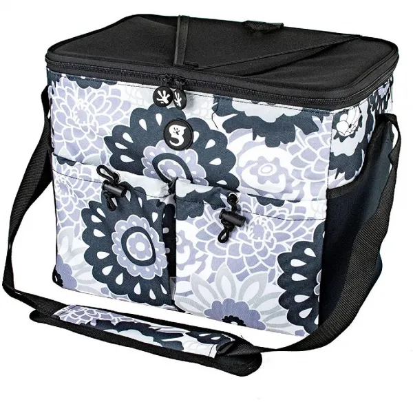 geckobrands 대형 이동식 강경파 토트 쿨러 24 캔 15 병 5 개 포켓 2 네오프렌 보유 Black/White Floral, 상세페이지참조