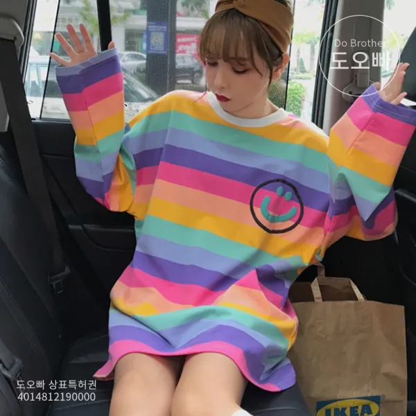 도오빠 오버핏 여성 티셔츠 긴팔티 스트라이프티 루즈핏 박시 여자티셔츠 라운드넥 귀여운 스트릿 패션 데일리 캐주얼 10대 20대 30대 빅사이즈티셔츠