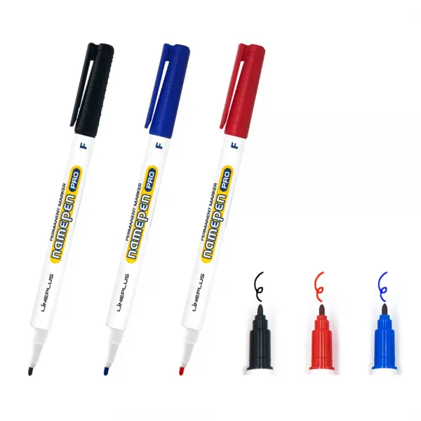  바이오피스m 라인플러스 네임펜 프로 12개입 검정 빨강 파랑 이름 F 중간 글씨 용 시험 공부 필기 플라스틱 페트병 유리 목재 나무 메탈 금속 지워지지 않는 유성 펜 팬 라인플러스 네임펜프로 12개입 :검정