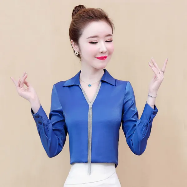 방적함 가을 패치워크 보이핏 볼륨 구슬 색상 세우다 못 상의 룩 눈 부딪치다 넥셔츠 감각 긴팔, M 주황색