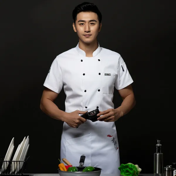 조리사복 반팔 남 여름 공기찬기 샤브샤브샤브집 식품점 레스토랑 뒷 주방 영빈 호텔 주방장 옷, XL 여름 가죽 B타입 반소매 화이트 화이