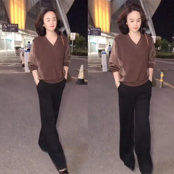 니트상의 놀라고 두려워하다 의류 틱톡 같은스타일 가을 갈색 브이넥 패치워크 블랙 맥시 긴바지 트렌드 2760999004