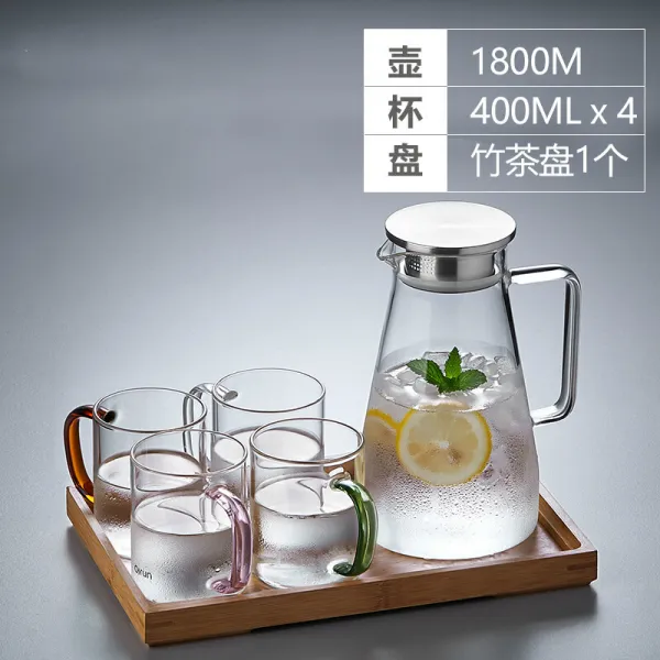 유럽식 가정용 유리 컵 컬러 손잡이 내열성 물컵 찻잔 내 고온 주전자 세트 1800 ml 주전자 + 컬러 핸들 컵 4 개 차반, 상세페이지 참조