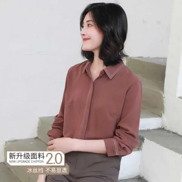 디자인 여성의류 길게 느껴지다 보이핏 볼륨 이너 봄계절 와이셔츠 소매 화이트 쉬폰