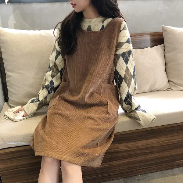 가심비 여성 코듀로이 스트랩 원피스 니트 모직 미디 원피스 ga008n110335