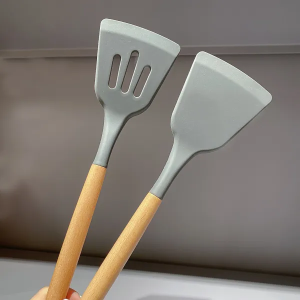 코팅팬 전용 느티나무 손잡이 소프트 실리콘 볶기 빠뜨리다 다치지 않다 잼만들기솥 지지다 키트, 느티나무 나무 손잡이 실리콘삽 （2