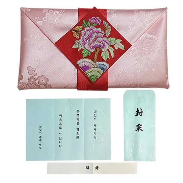 지극정성 손수 목단수예단보 현금예단봉투 1매, 살구 봉채(신랑님이 신부댁으로)