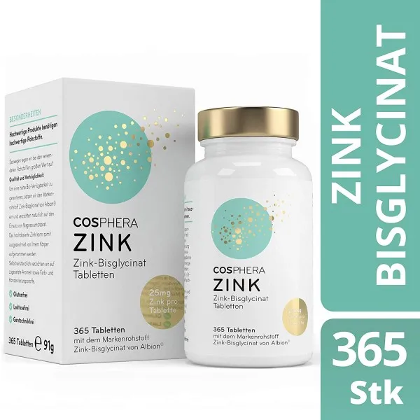 아연 정제-브랜드 원료로 고용량 투여-정제당 25 mg 아연 비스 글리시 네이트-1 년 공급량의 365 비건 정제-Cosphera의 모발 피부