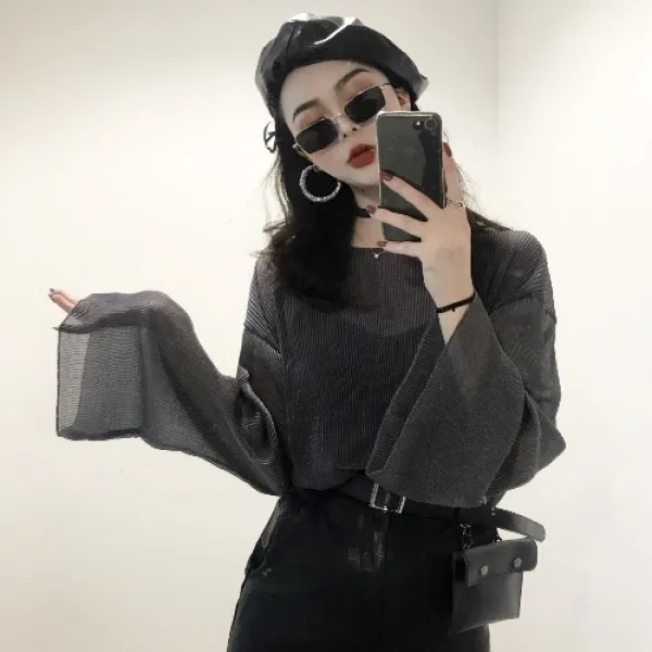 가을 홍콩무드 CHIC 매너 시스루 피어갓셔츠 블라우스 상의 브라탑 탱크탑 이너 크롭탑 끈나시 INS 라운드블라우스