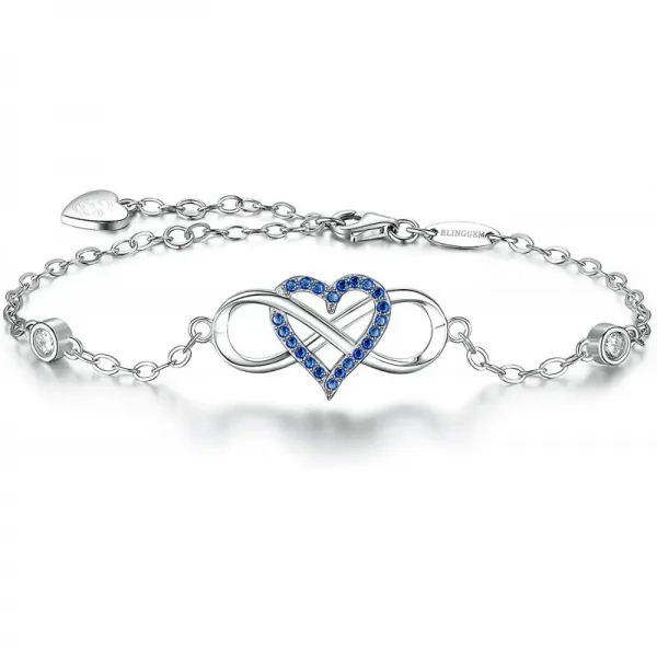 블링젬 화이트 골드 도금 925 스털링 실버와 라운드 컷 블루 지르코니아 인피니티 하트 구걸 팔찌